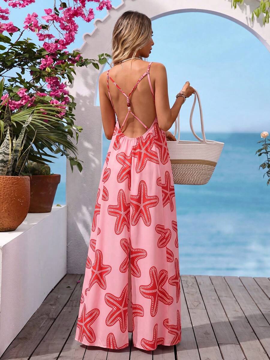 Vivid Eden 女士度假休闲海星印花露背吊带连衣裙 - 粉色 - 查看 1