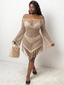 Slaydiva Cubrecuerpo de punto con hombros descubiertos y flecos para tallas grandes - Caqui - Ver 5