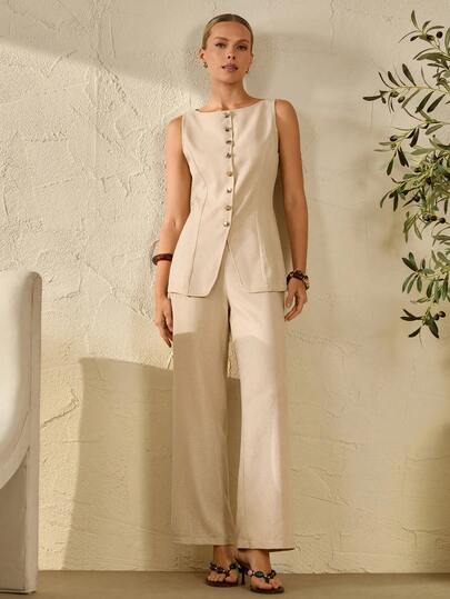 Bóhologie Women, Spring, Summer, Regular Fit, Regular Length, Brown Tailored Blazer And Wide-Leg Trousers Co-Ord, Brown Longline Button-Front Blazer Suit Set, Women's Brown Two Pieces Tailored Outfit, Fitted Long-Sleeve Brown Blazer With Front Buttons, High-Waist Brown Wide-Leg Trousers, Minimalist Brown Pant Suit, Elegant Brown Pantsuit For Women, Polished Office Suit Ensemble In Brown, Chic Monochrome Brown Tailored Separates, Modern Professional Brown Blazer And Palazzo Combo, Tailored Brown Blazer