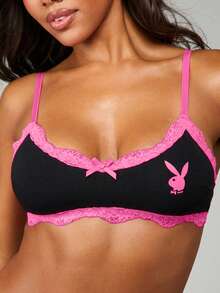 Missguided x Playboy Áo lót ren gợi cảm màu hồng điểm xuyết logo thỏ, nội y quyến rũ dành cho phụ nữ. - màu đen - Xem 3