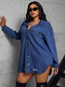 Slaydiva Plus Size Women Distressed Denim Jacket, Fashionable Versatile - Medium Wash - View 6