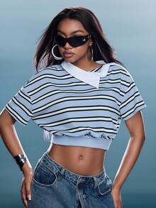 Asymmetrical Collared Neckline Striped Polo Top Fashionable Streetwear Cropped Polo Top - Blue - View 10