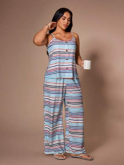 Lazeform Plus Size Striped Camisole Pajama Set