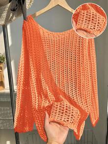 SHEIN EZwear Plus Size Women Open Knit Casual Vacation Solid Color Semi-Sheer Sweater, Autumn - Pink - View 1