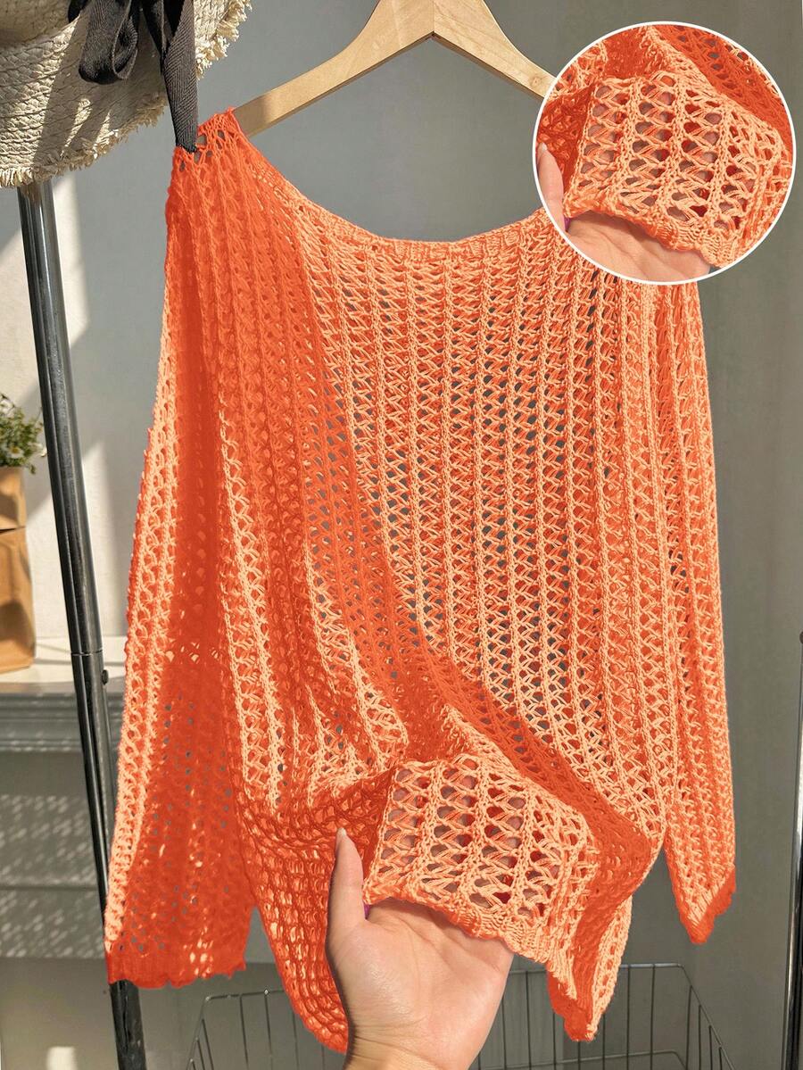 SHEIN EZwear Plus Size Women Open Knit Casual Vacation Solid Color Semi-Sheer Sweater, Autumn - Pink - View 1