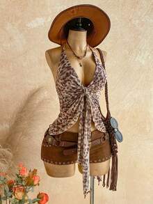 Soleia Women's Leopard Print Pleated Asymmetric Hem Halter Neck Camisole - Apricot - View 3