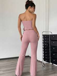 SHEIN EZwear 两件套：莲花粉色褶皱抹胸上衣和喇叭裤 - 藕粉色 - 查看 2