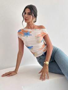 女士不对称肩部扎染印花褶皱不对称领口T恤上衣，印花上衣，不对称肩部上衣，春夏服装，沙滩装，通勤装，优雅，性感，度假装，海滩装，波西米亚风，夏威夷风情，音乐节装，浪漫装，约会装 - 杏色 - 查看 6