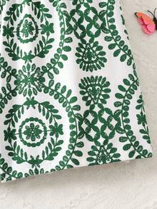 少女夏季海滩度假编织绿色图腾印花露背无袖休闲连体裤，度假风，时尚法式优雅柔软，夏季沙滩装 - 綠色 - 查看 6