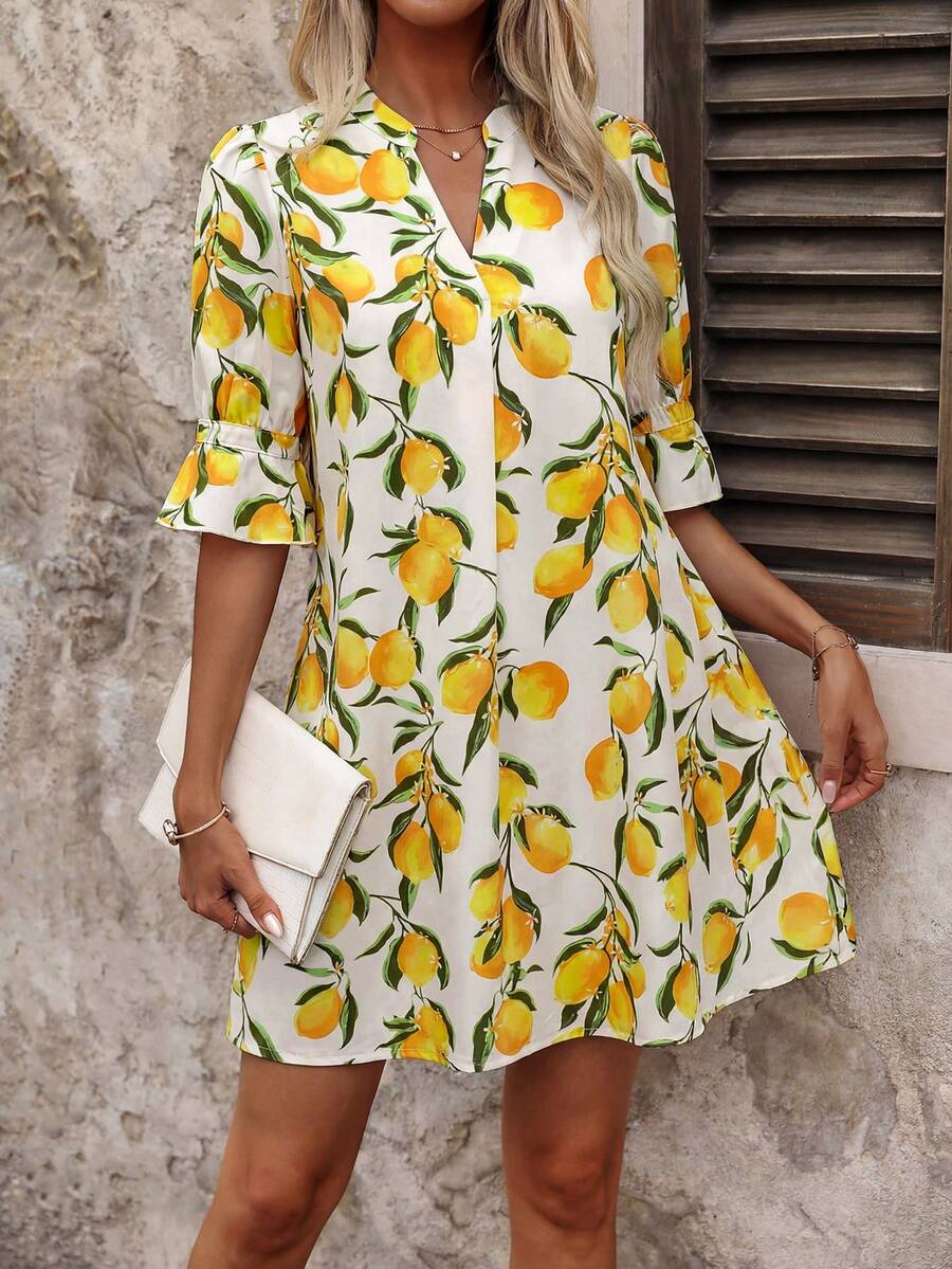 SHEIN Clasi Đầm nữ họa tiết hoa mùa thu mới, đầm ngắn đa năng phù hợp cho mặc hàng ngày, đi chơi và nhiều dịp khác nhau. - Màu vàng - Xem 1