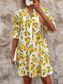 SHEIN Clasi Đầm nữ họa tiết hoa mùa thu mới, đầm ngắn đa năng phù hợp cho mặc hàng ngày, đi chơi và nhiều dịp khác nhau. - Màu vàng - Xem 3