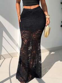 SHEIN SXY 女士蕾丝拼接休闲百搭约会之夜半身裙 - 黑色 - 查看 1