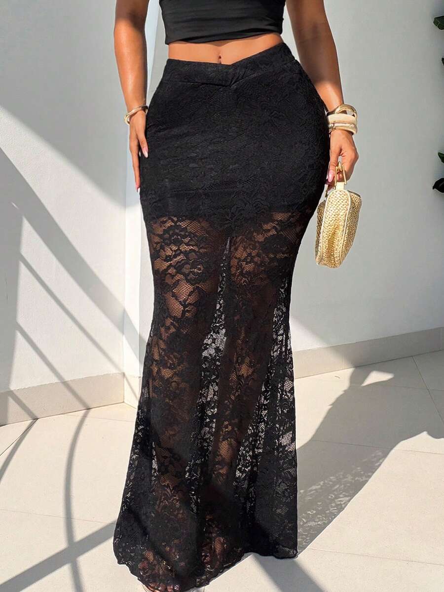 SHEIN SXY 女士蕾丝拼接休闲百搭约会之夜半身裙 - 黑色 - 查看 1