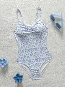 Tween Girl Ditsy Floral Ruched Front Bow One-Piece Swimsuit, Summer Beach Vacation - Baby Blue - View 5