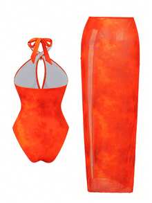 SHEIN Swim Oasis Women's Printed Halter Tie Backless One-Piece Swimsuit With Cute Shell Decor And Sarong Cover-Up, Suitable For Beach Vacation - Multicolor - View 3