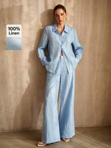 MOTF PREMIUM PANTALONES ANCHOS DE LINO 100% PARA MUJER, CÓMODOS, PARA PRIMAVERA/VERANO - Azul - Ver 1