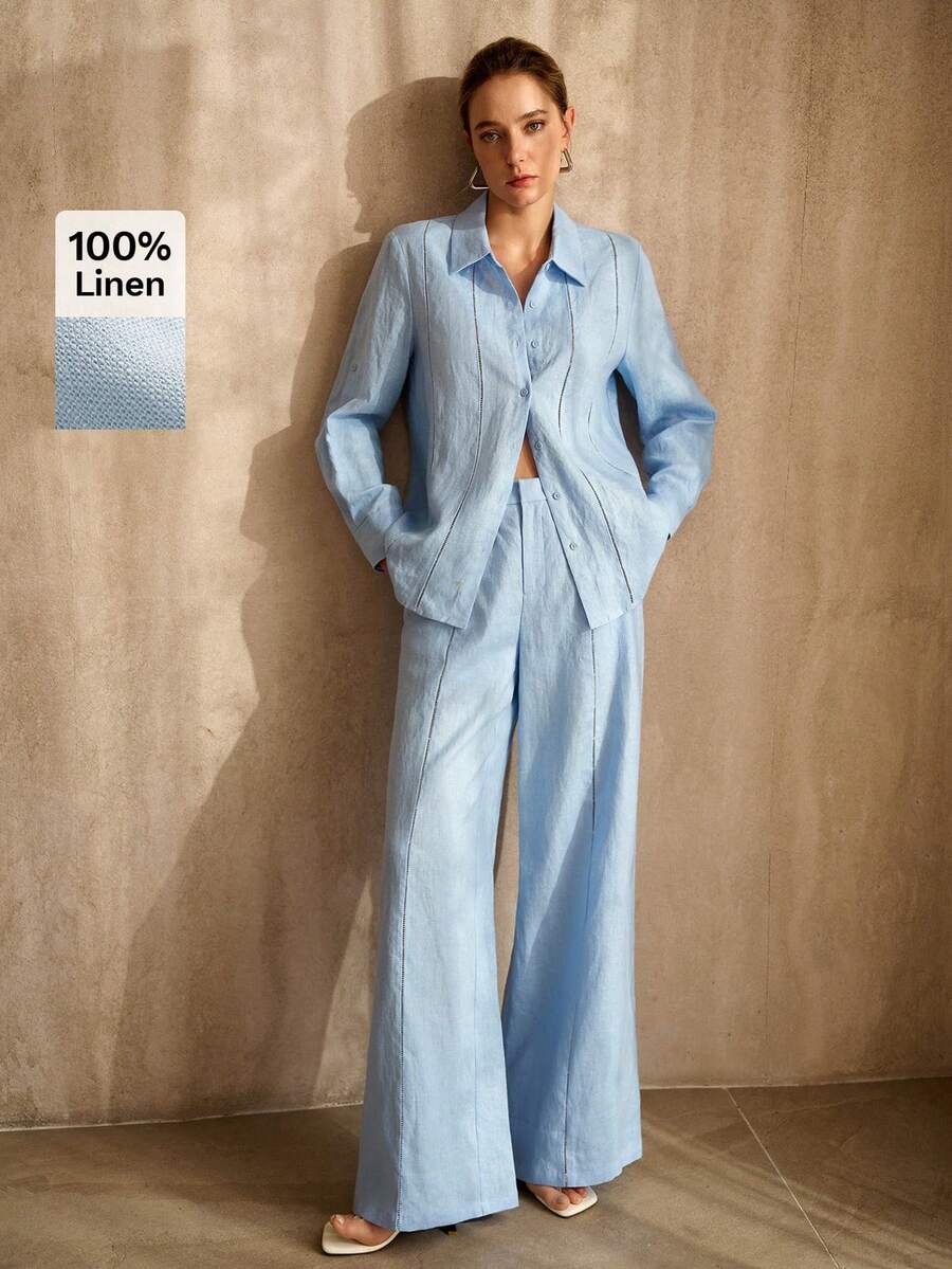 MOTF PREMIUM PANTALONES ANCHOS DE LINO 100% PARA MUJER, CÓMODOS, PARA PRIMAVERA/VERANO - Azul - Ver 1