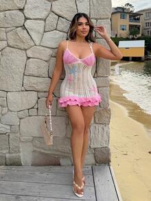 Maria Perezxox Women's Peach Starfish Decor Double Ruffle Hem Halter Knit Dress, Suitable For Holiday, Date, Afternoon Tea, Beach, Cruise, City Vacation, Wedding Season, Music Festival, Boho Vacation Crochet Dress Beach Dress - Pink - View 5