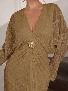 Modelyn Women's Solid Color Deep V-Neck Metal Decor Casual Party Dress - Khaki - View 5