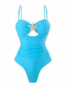 Swim Oasis 女士夏季沙滩度假镂空海星装饰褶皱连体泳衣，带系带长裙 - 薄荷藍 - 查看 3