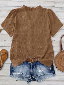 Linhara 大码女式纯色纹理V领短袖休闲常规衬衫，适合外出、度假、夜店等场合 - 棕色 - 查看 5