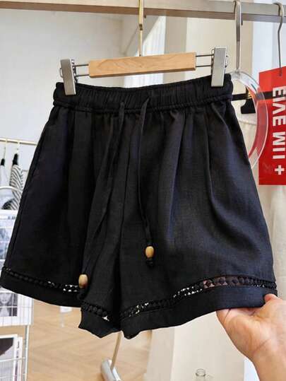 Linhara Shorts larges en lin mélangé à taille élastique et patchwork de dentelle pour femmes grandes tailles, convient pour les déplacements quotidiens et les sorties