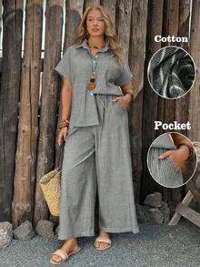 Linhara CURVE Ensemble 2 pièces grande taille, chemise en coton élégante et décontractée avec poches pour le travail/printemps/été/automne et pantalon droit en coton - Noir - Voir 3