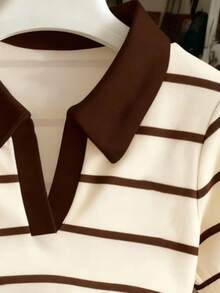 Plus Size Women Striped Patchwork Casual Versatile Daily Wear Short Sleeve Top - Multicolor - View 3