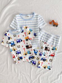 SHEIN 4pcs/Set Piyama Anak Laki-Laki Motif Kartun Mobil Lucu, Pas Badan, Kasual, Pakaian Rumah Musim Panas - MultiWarna - View 5