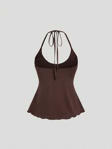 SHEIN Sweetro 女士万圣节、感恩节、海滩、新年、派对、通勤、日常、旅行、度假皆宜。棕色复古流苏装饰A字吊带露背上衣 - 棕色 - 查看 2