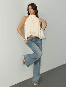 SHEIN Tall Women's Solid Color Ruffled Halter Casual Versatile Date Outing Shirt, Tall Women - Beige - View 3