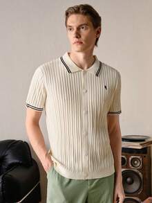 VeloEdit 男士對比色 Polo 領短袖針織上衣 Old Money 風格，圖案條紋米色、刺繡、前胸設計，商務通勤男友風夏季款 - 米色 - 查看 4