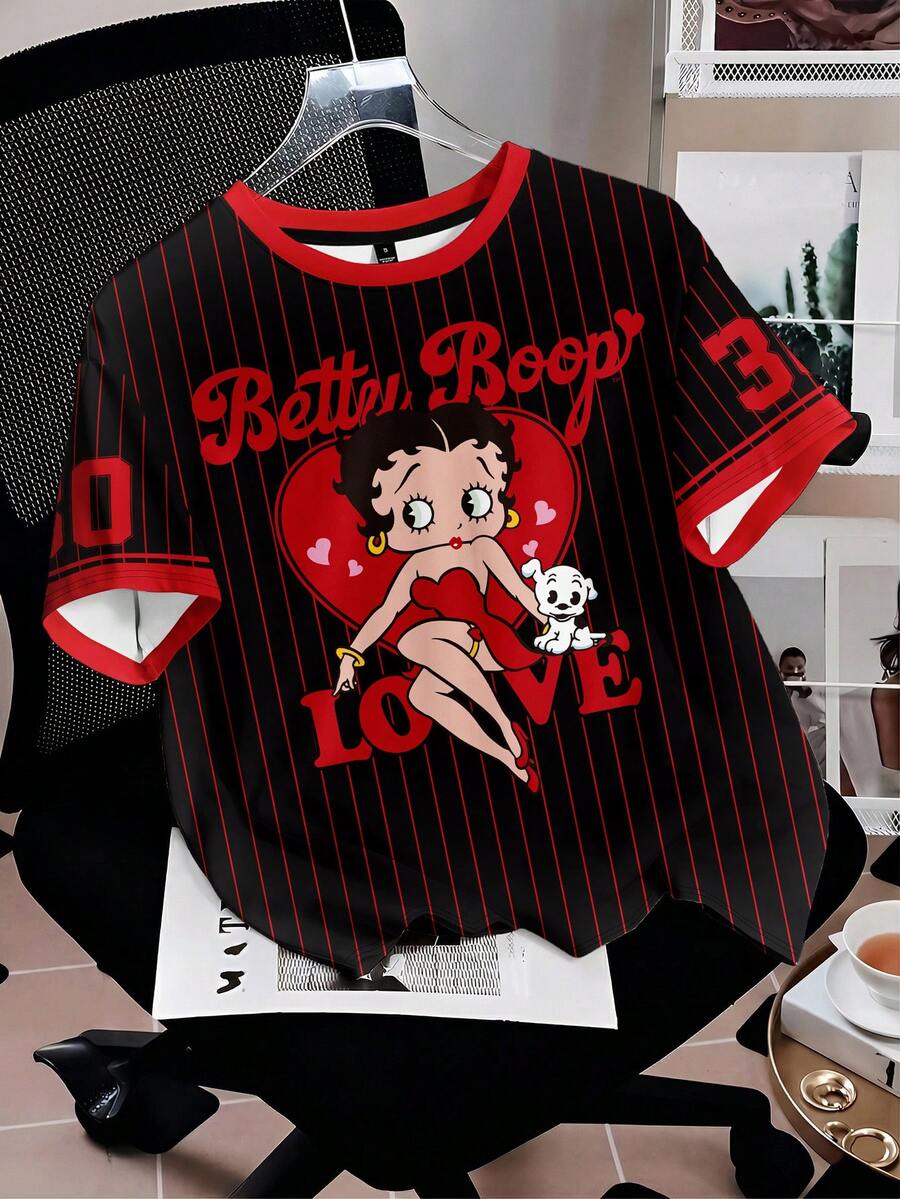 Attitoon Betty Boop x SHEIN Camiseta holgada de mujer de cuello redondo, manga corta y estilo minimalista casual - Multicolor - Ver 1