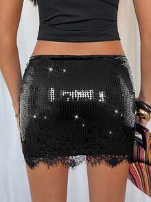TRNVIE Chân váy ngắn cạp thấp đính sequin và ren dành cho nữ, thích hợp cho các bữa tiệc mùa xuân/hè. - màu đen - Xem 2