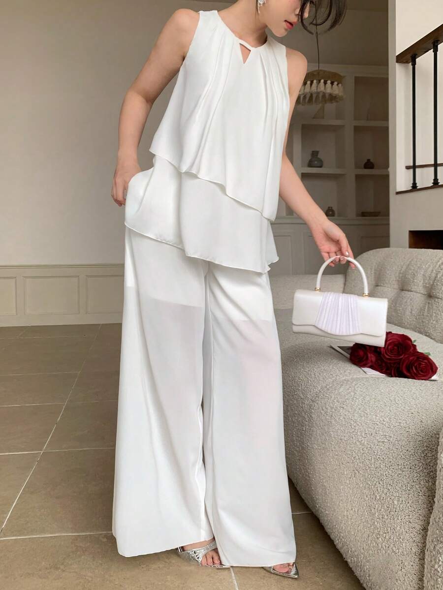 DAZY Bộ đồ hai mảnh dành cho nữ, gồm áo hai dây xếp tầng bồng bềnh và quần ống rộng, kiểu dáng nghỉ mát, thích hợp cho mùa xuân/hè. - Màu Khaki - Xem 1