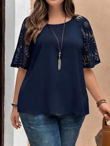 EMERY ROSE Plus Size Casual Solid Color Lace Patchwork Shirt Fall - Navy Blue - View 3