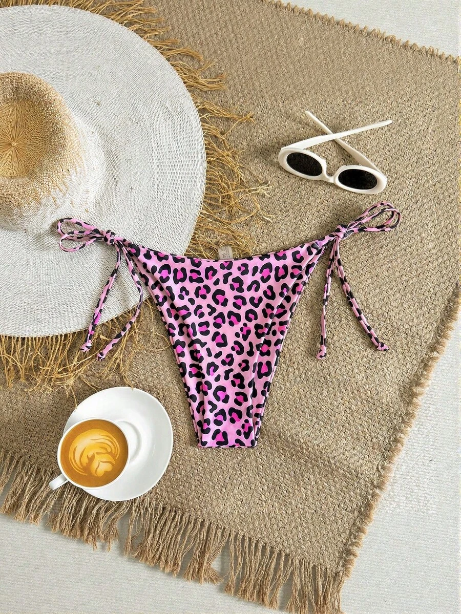 Swim Basics 女士性感豹纹系带比基尼泳裤,适合海滩度假 - 粉色 - 查看 1