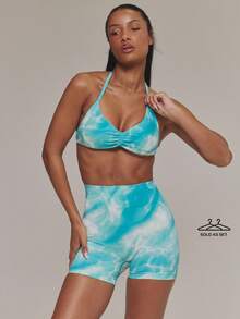 Musera Sport Bộ đồ thể thao gồm áo ngực thể thao không đường may in họa tiết sóng và quần đùi cạp chun nhún, thích hợp cho tập luyện, tập gym, pilates, thể dục, mặc hàng ngày, màu xanh ngọc. - Nhiều màu - Xem 1