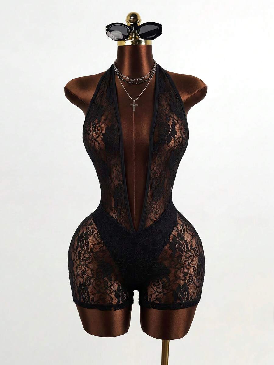 Mistrie Bộ jumpsuit ren đen gợi cảm dành cho nữ, thích hợp cho mùa hè. - màu đen - Xem 1