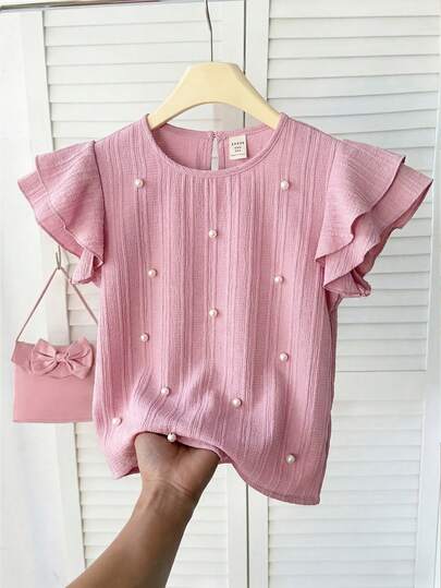 SHEIN LMoss Kids Young Girl Woven Solid Color Round Neck Ruffle Trim Casual Blouse