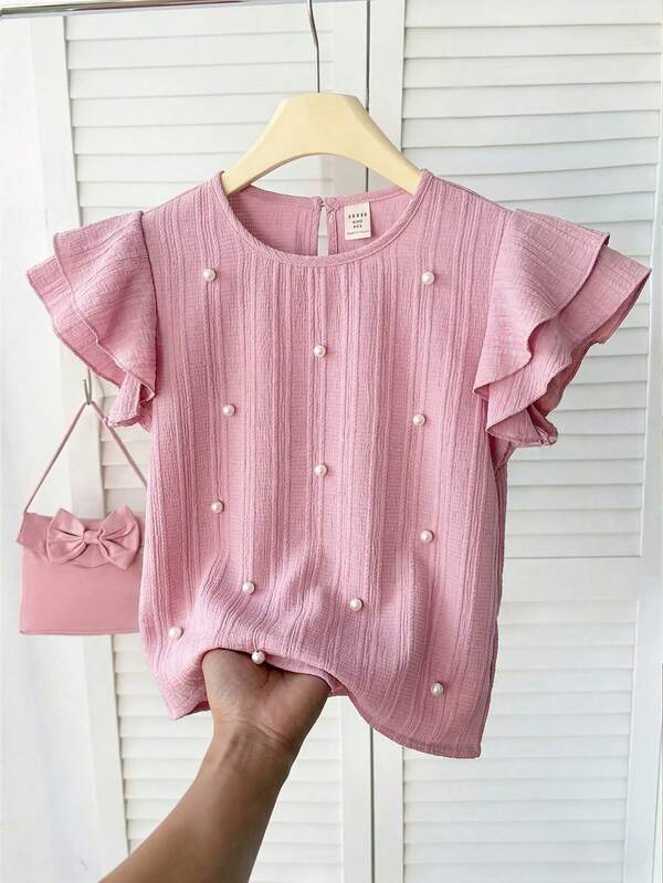 SHEIN LMoss Kids Young Girl Woven Solid Color Round Neck Ruffle Trim Casual Blouse