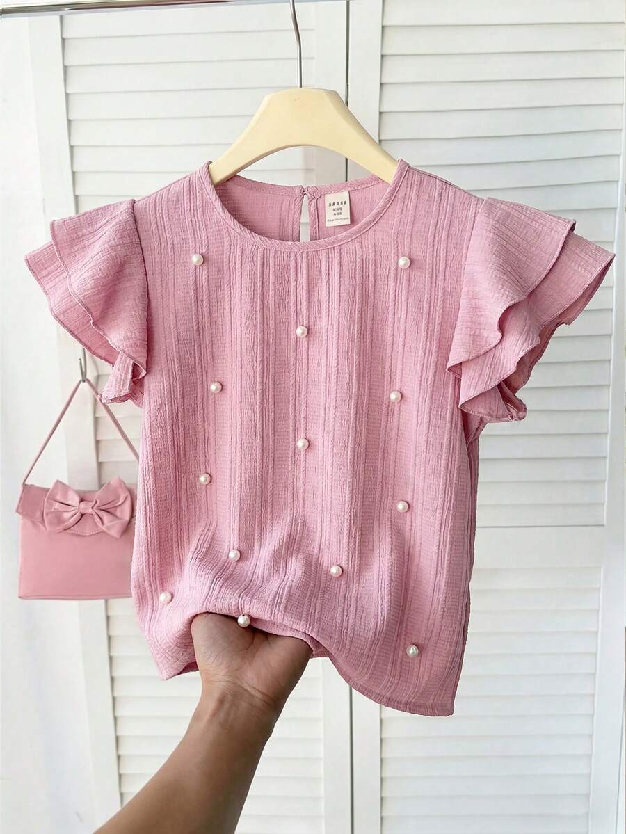 SHEIN LMoss Kids Blusa informal de cuello redondo con volantes y unicolor para niña - Rosa - Ver 1
