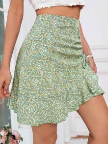 SHEIN VCAY 女士百褶印花休闲百搭约会外出迷你裙 - 芥末黃 - 查看 2