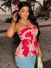 SHEIN SXY Women's Hot Pink Floral Print Halter Neck Top,Summer Casual Backless Ruched Bust Holiday Vacation Beach Outfit,Plants All Over Print Jamican Style - Multicolor - View 6