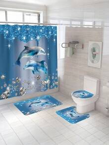 1 pieza/ 4 piezas Juego de cortina de baño de lujo con delfín y diamantes Conjunto premium de poliéster impermeable y resistente al moho, extra ancho, decoración de baño con estampado de animales marinos, estilo moderno azul y plateado, regalos de - Multicolor - Ver 2