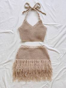 Soleia 女士休闲度假杏色V领钩针蝴蝶结吊带针织背心+流苏修身针织裙两件套，适合海滩、邮轮、城市度假、波西米亚风、夏季 - 杏色 - 查看 5