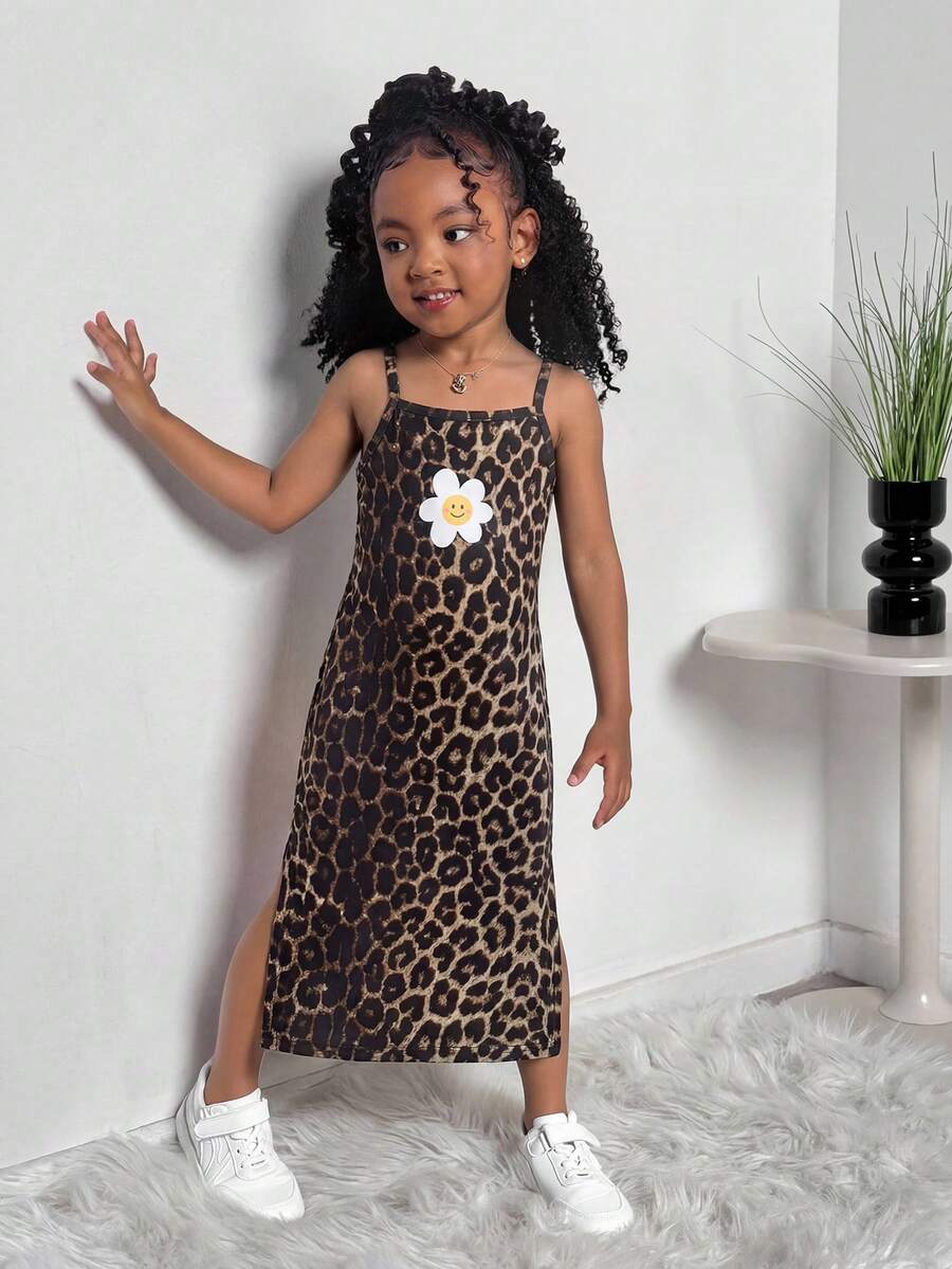 Young Girls' Leopard Print Camisole Dress With Bow Hem & Side Slit, Casual Streetwear,Kids - Brown - View 1
