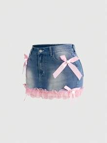 ROMWE Grunge Punk 性感低腰十字架吊坠蕾丝蝴蝶结可爱蓝色迷你牛仔裙，适合夏季海滩、毕业典礼、复活节、音乐会、纳什维尔度假等场合。 - 粉色 - 查看 1