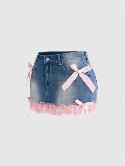 ROMWE Grunge Punk 性感低腰十字架吊坠蕾丝蝴蝶结可爱蓝色迷你牛仔裙，适合夏季海滩、毕业典礼、复活节、音乐会、纳什维尔度假等场合。