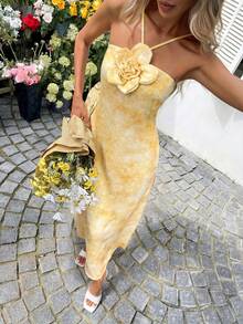 SHEIN LUNE 女士休闲3D立体扎染印花连衣裙 - 黃色 - 查看 6